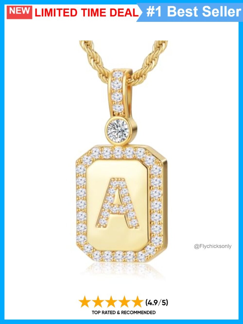 24K Gold Filled Initial Necklace 5A Cubic Zirconia Pendant Rope Chain